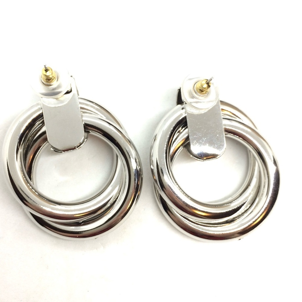 VINTAGE 80S 90S LARGE HOOP EARRINGS DOUBLE CIRCLES SILVER TONE STATEMENT - Picture 13 of 13